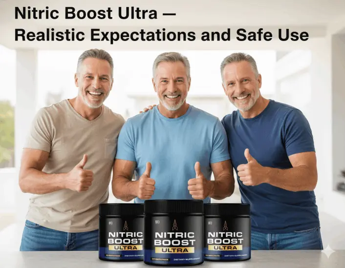 Three happy men showing Nitric Boost Ultra realistic expectations and safe use results